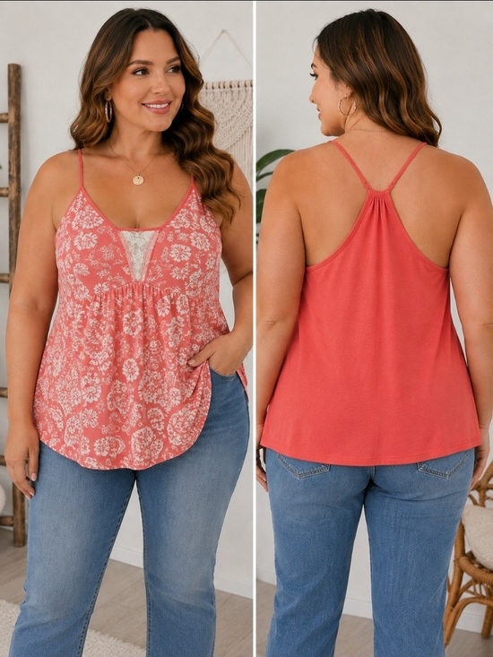 My Plus Tops - Plus Lace-Inset Floral Coral Camisole
